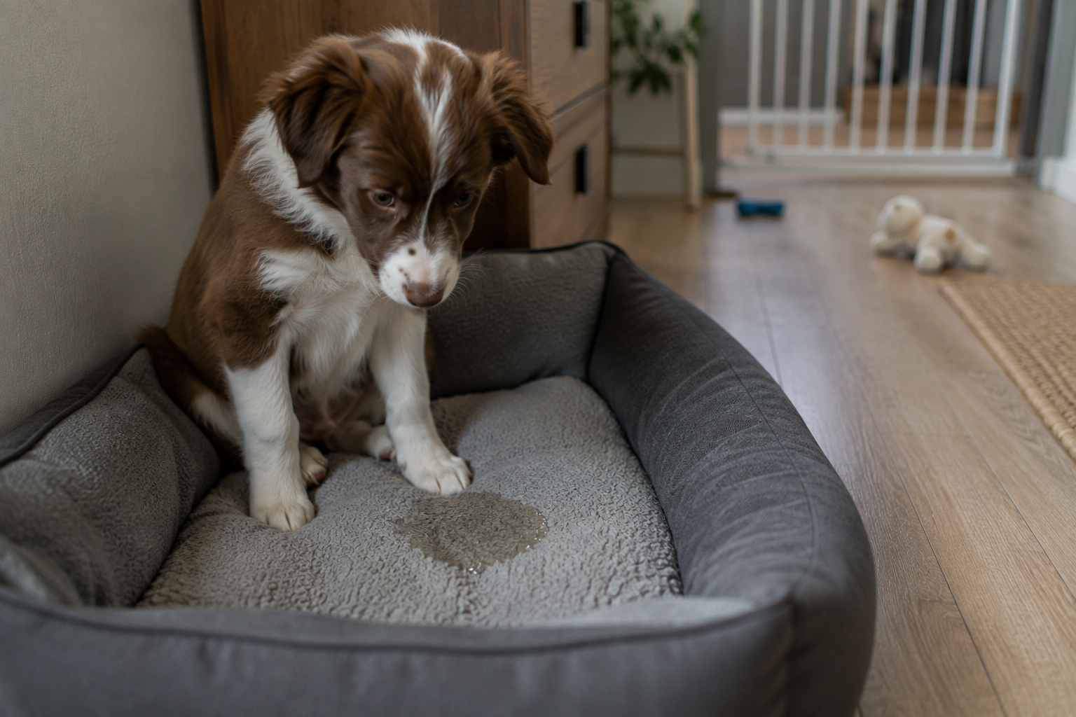 Mon chiot fait pipi dans son panier : pourquoi ?