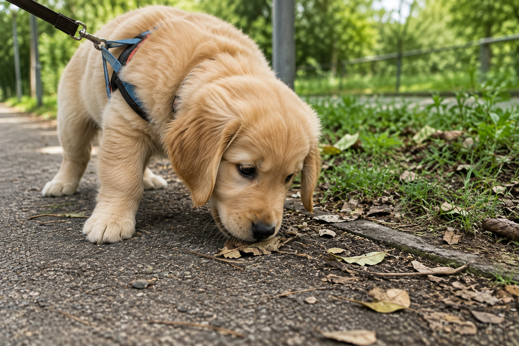 mon chiot mange tout dehors