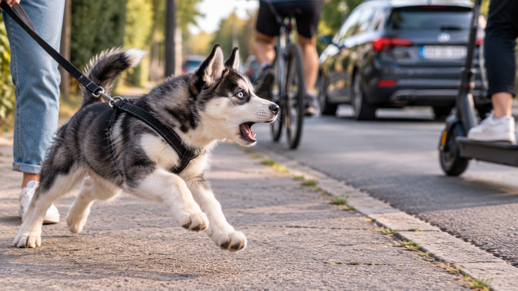 chiot court après les voitures
